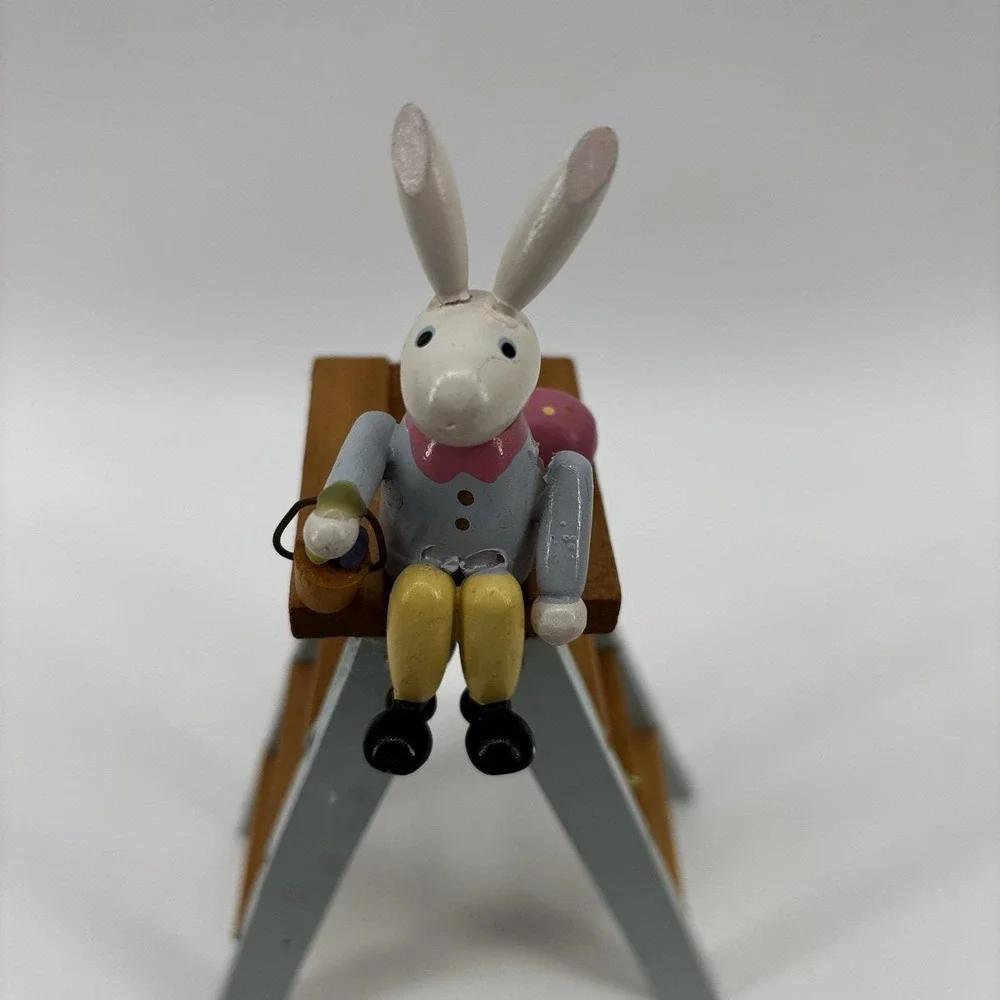Vintage Erzgebirge Wooden ‎ Easter  Bunny Rabbit on Ladder With Eggs Figurine